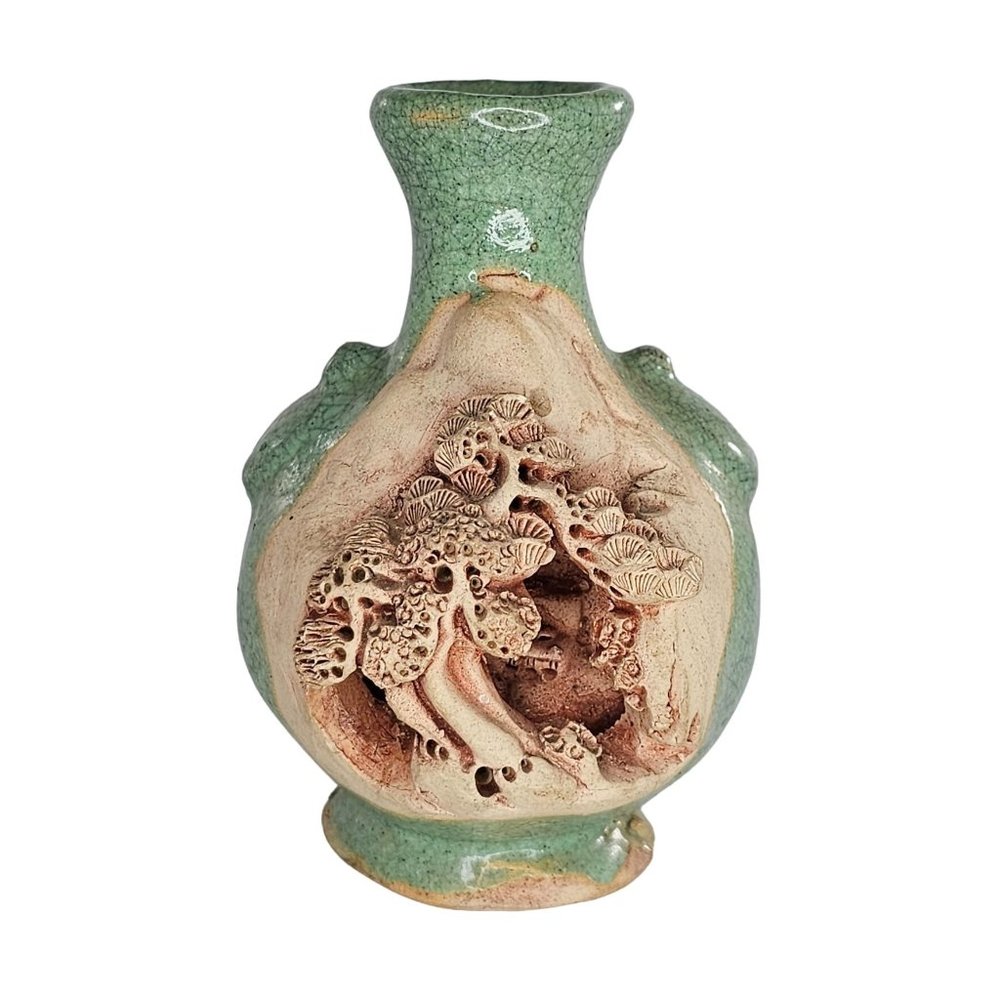 Vintage Banko Ware Carved Pottery Vase Tree Landscape 4” Japan Art